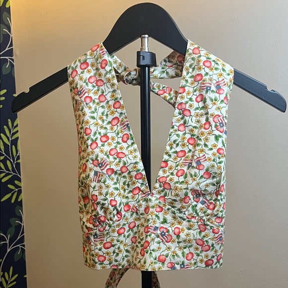 Tops - Vintage Style Apple Print Tie Back Crop Top Cottagecore Americana Halter Top S